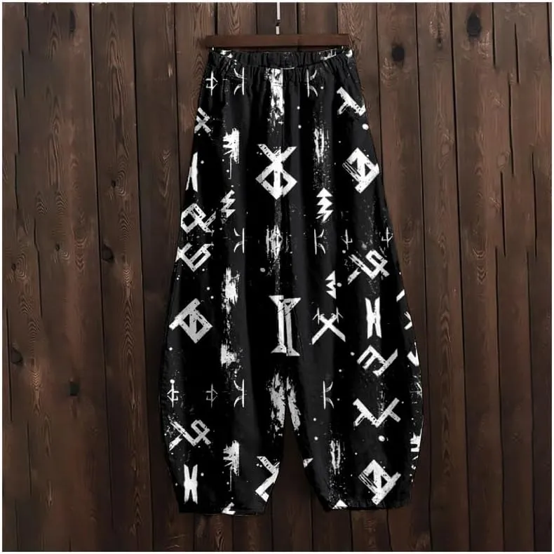 ZOCAVIA Womens Aztec Print Lantern Pants Western Causal Cotton Linen Wide Leg Pants Waist Elastic Hippie Trouser with Pockets