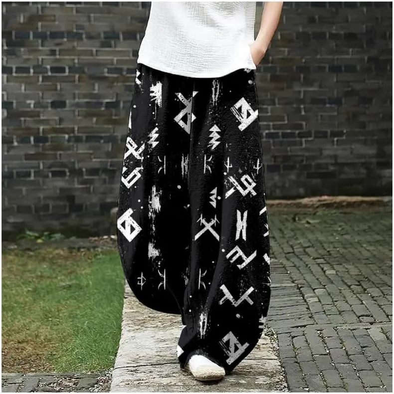 ZOCAVIA Womens Aztec Print Lantern Pants Western Causal Cotton Linen Wide Leg Pants Waist Elastic Hippie Trouser with Pockets