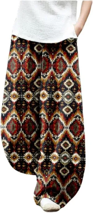 ZOCAVIA Womens Aztec Print Lantern Pants Western Causal Cotton Linen Wide Leg Pants Waist Elastic Hippie Trouser with Pockets