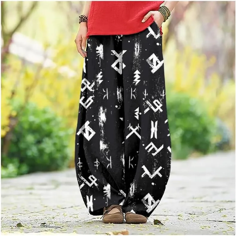 ZOCAVIA Womens Aztec Print Lantern Pants Western Causal Cotton Linen Wide Leg Pants Waist Elastic Hippie Trouser with Pockets