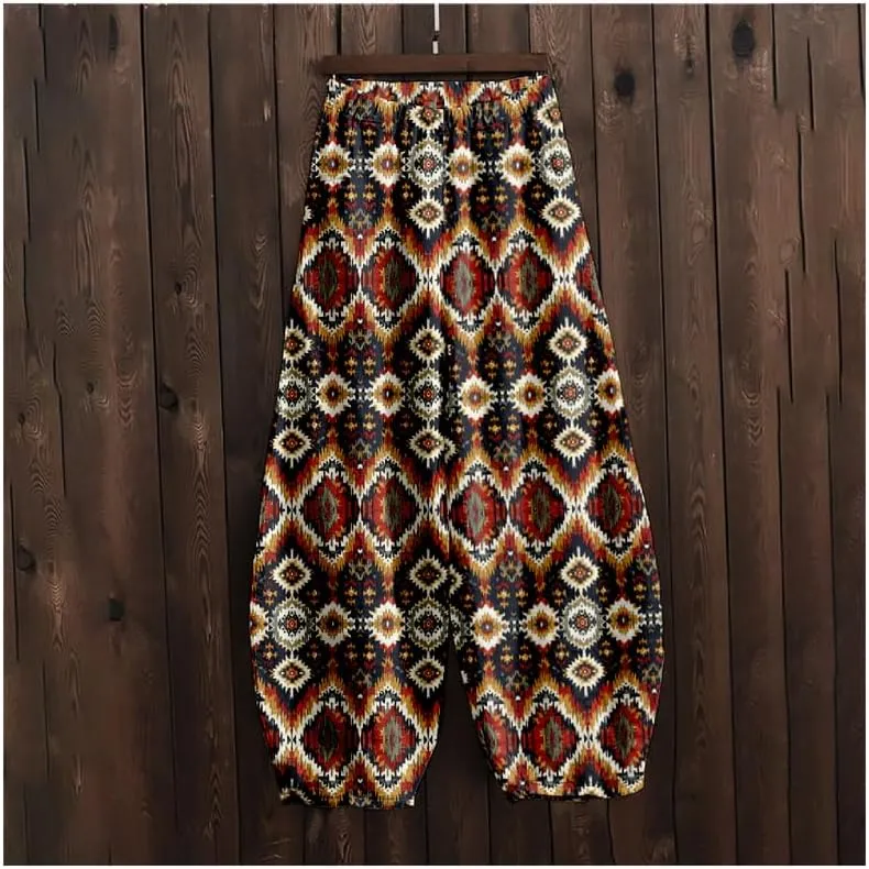 ZOCAVIA Womens Aztec Print Lantern Pants Western Causal Cotton Linen Wide Leg Pants Waist Elastic Hippie Trouser with Pockets