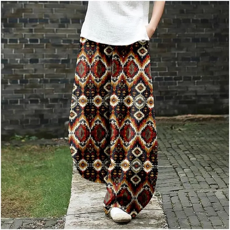 ZOCAVIA Womens Aztec Print Lantern Pants Western Causal Cotton Linen Wide Leg Pants Waist Elastic Hippie Trouser with Pockets
