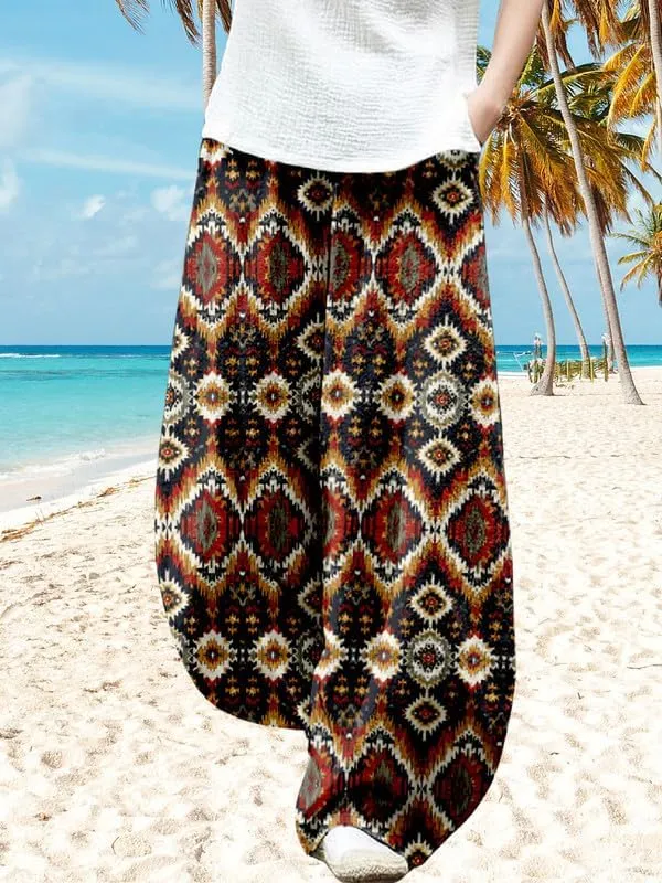ZOCAVIA Womens Aztec Print Lantern Pants Western Causal Cotton Linen Wide Leg Pants Waist Elastic Hippie Trouser with Pockets