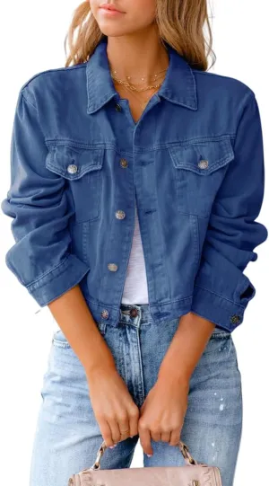 ZOCAVIA Womens Denim Jacket Casual Stretch Long Sleeve Button down Jean Jacket Lapel Cropped Denim Coat with Pockets