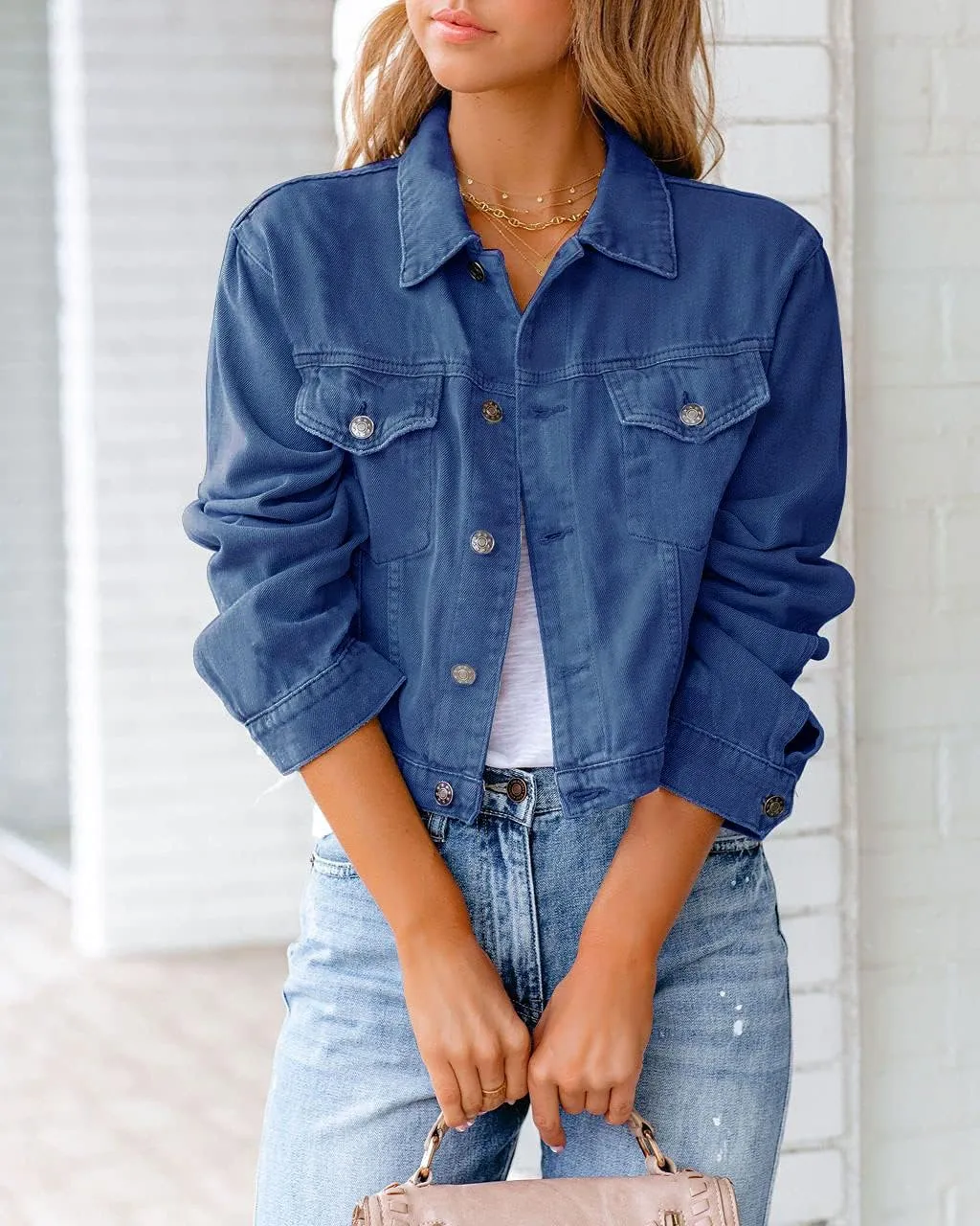ZOCAVIA Womens Denim Jacket Casual Stretch Long Sleeve Button down Jean Jacket Lapel Cropped Denim Coat with Pockets